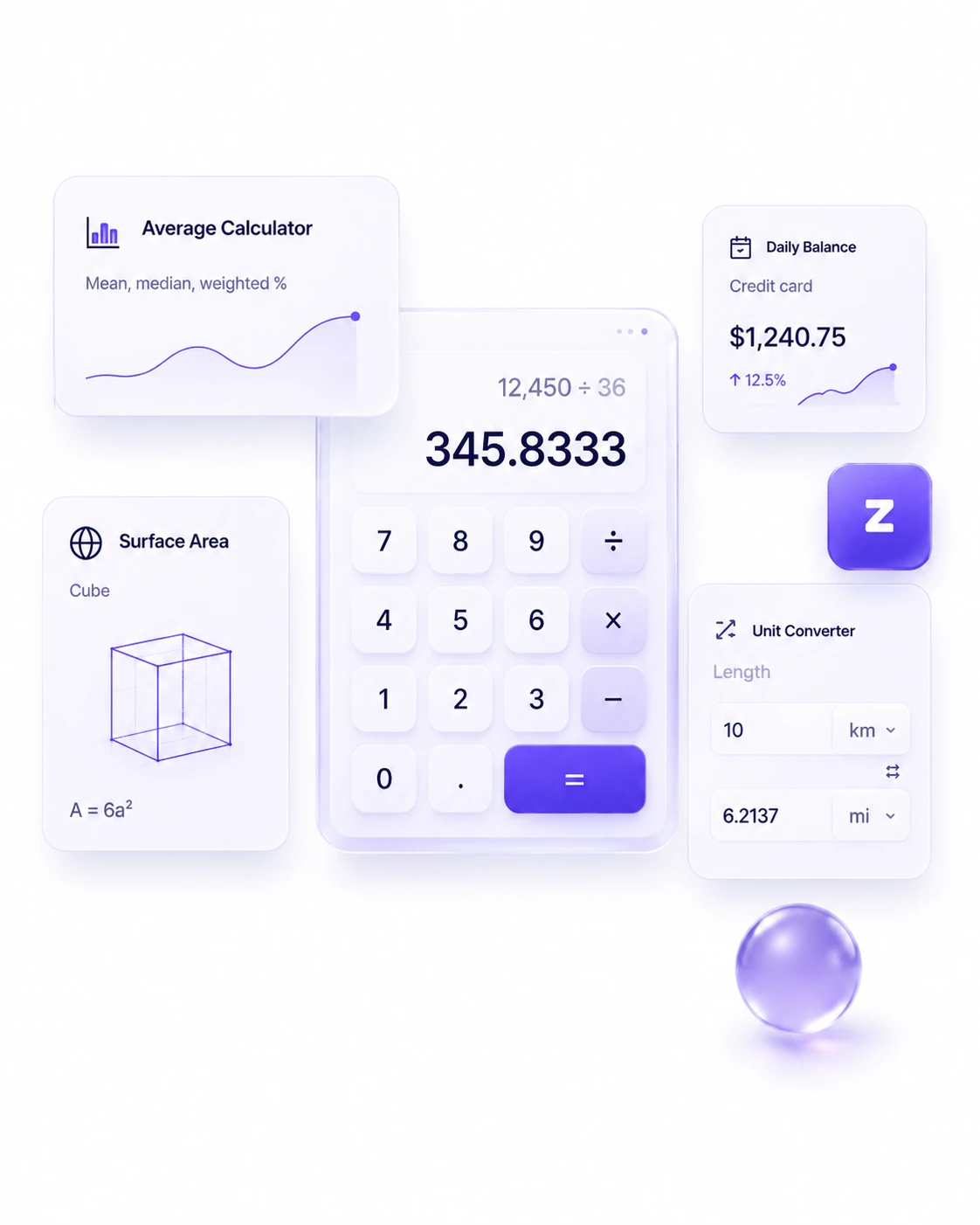 Illustration of ziffaro's calculators — average, surface area, daily balance and unit converter tools.
